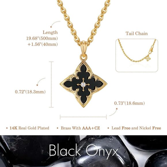 Gold Clover Necklace Women Dainty 14K Gold Black Onyx Pendant Adjustable Chain - Picture 5 of 6